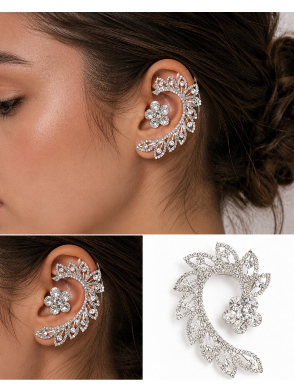 Sparkling Rhinestone Full Ear Cuff (Right Ear) Silver Statement Climber Earring